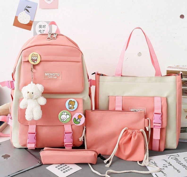 TRASSLE Backpack set 5Pcs Aesthetic School Bags backpack set with Pendant Lunch Bag,Pencil Case,Handbag,Coin Purse - Image 2